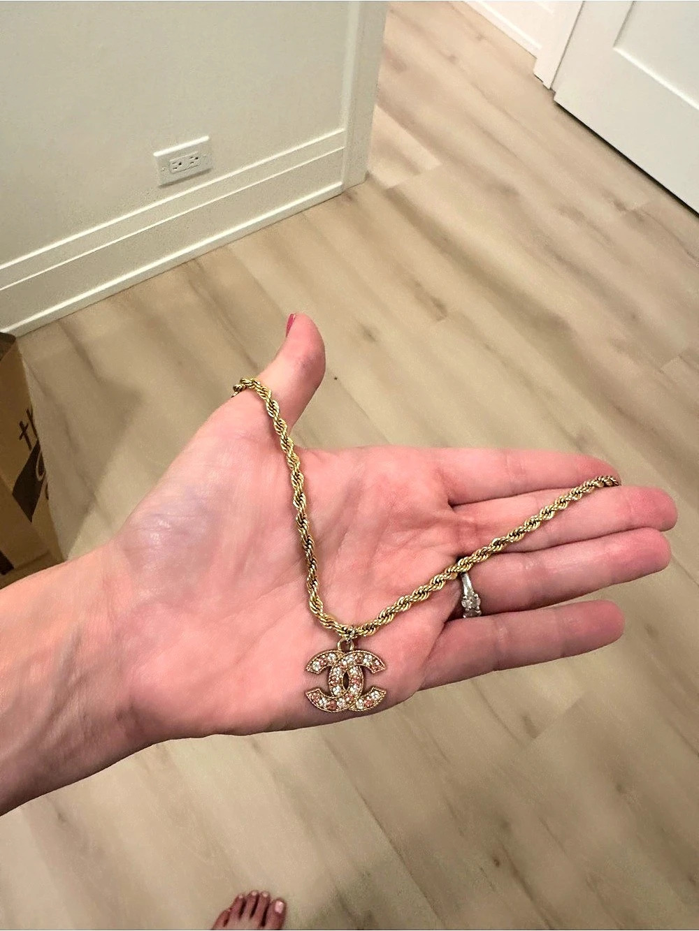 Chanel Pink Crystal CC Logo Gold Rope Chain Necklace